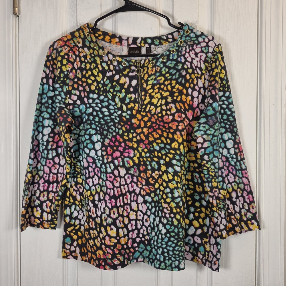 Rafaella Rainbow Leopard Print Zip Grommet Cotton Knit Top Large Large